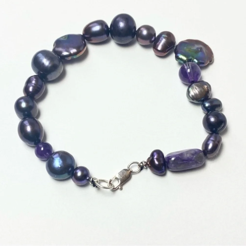 Genuine Freshwater Peacock Baroque Pearls & Amethyst Beads 925 Silver‎ Bracelet